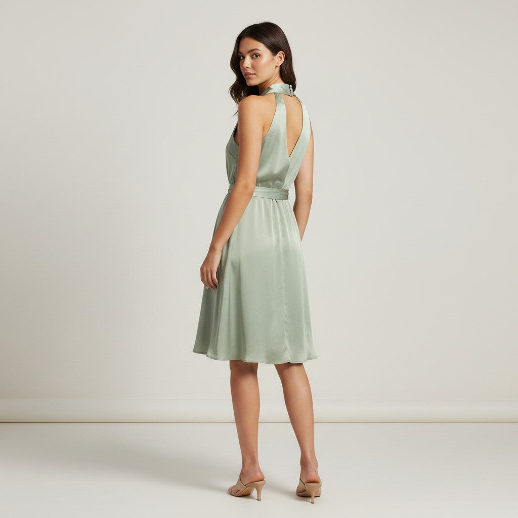 Ripley Dress – Sage Green Satin Halter Neck Midi Dress