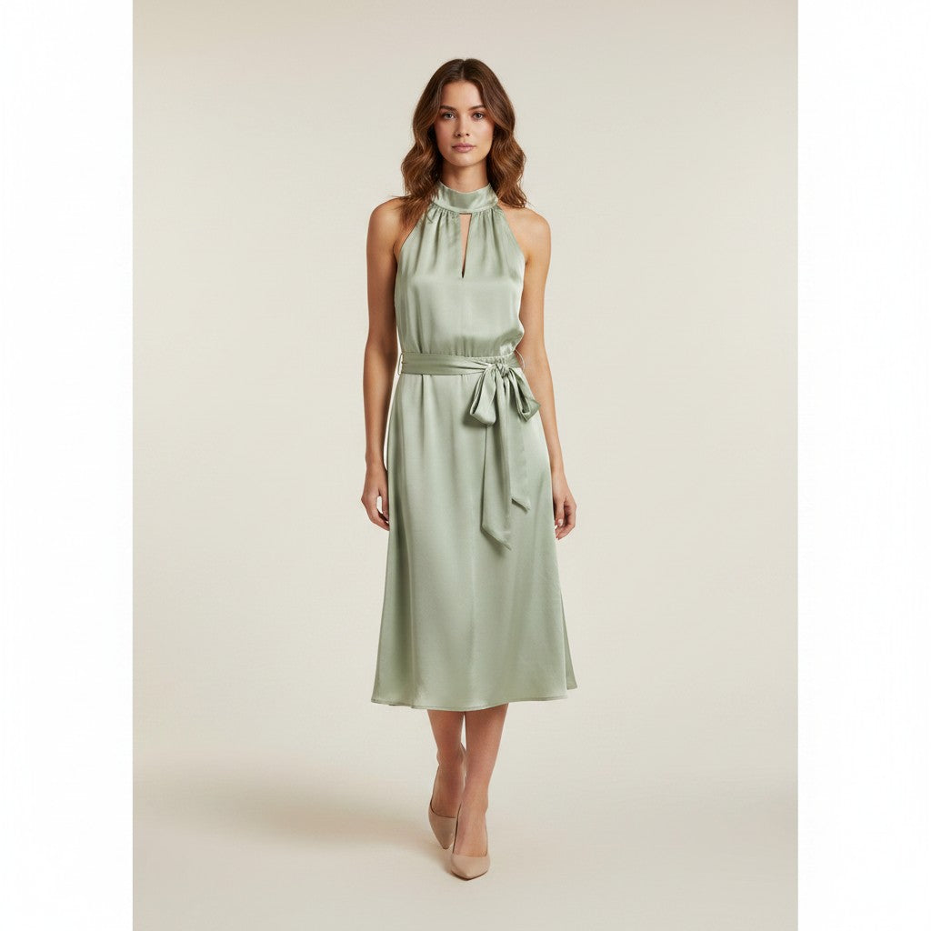 Ripley Dress – Sage Green Satin Halter Neck Midi Dress