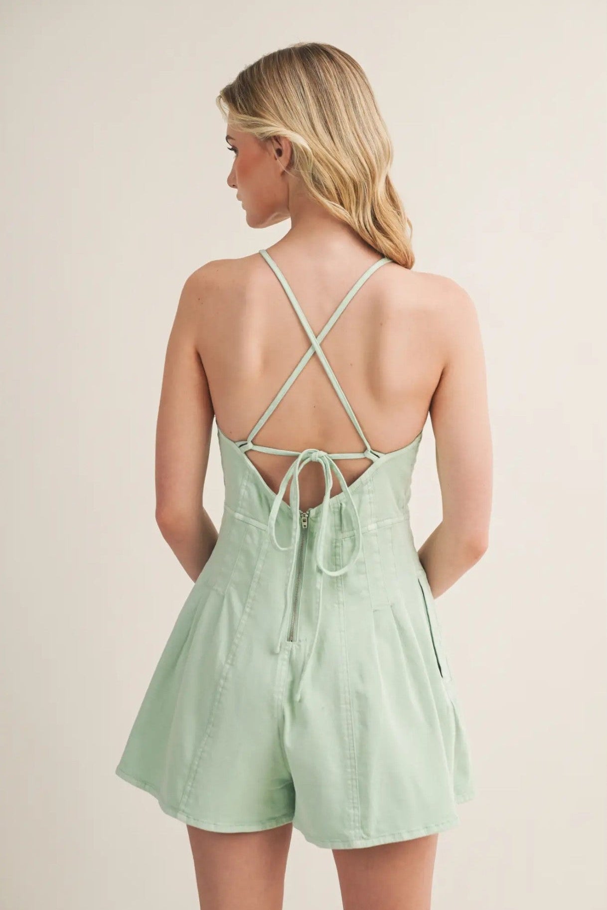Frankie Playsuit — Sage Green Denim Playsuit with Lace-Up Back