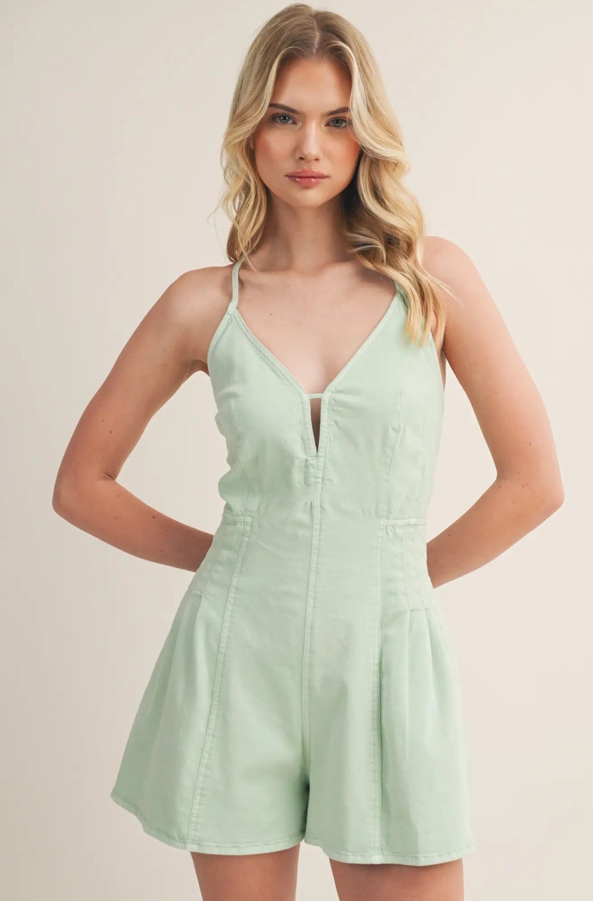 Frankie Playsuit — Sage Green Denim Playsuit with Lace-Up Back